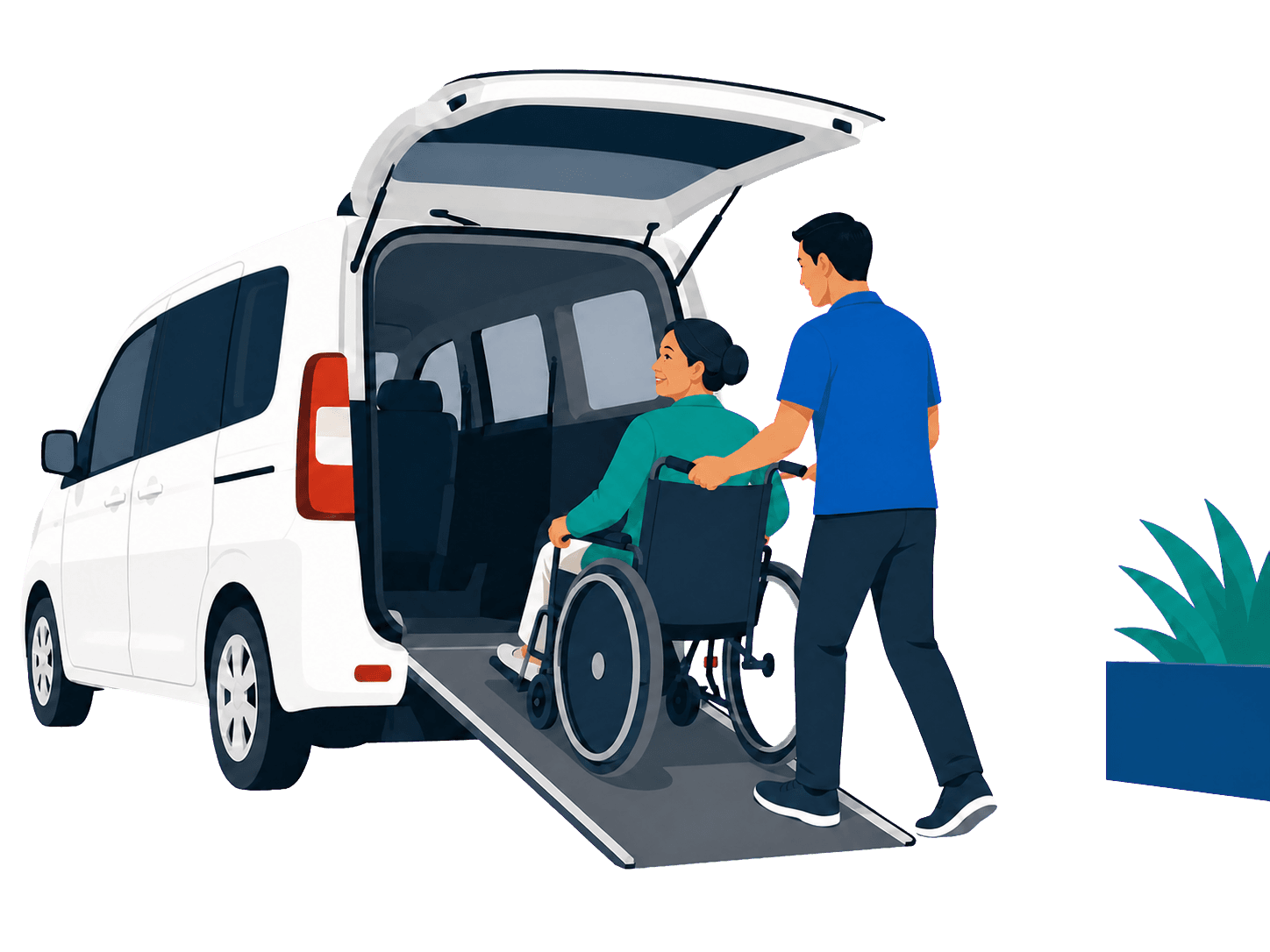 司機協助輪椅使用者經車尾斜台登上無障礙接送車